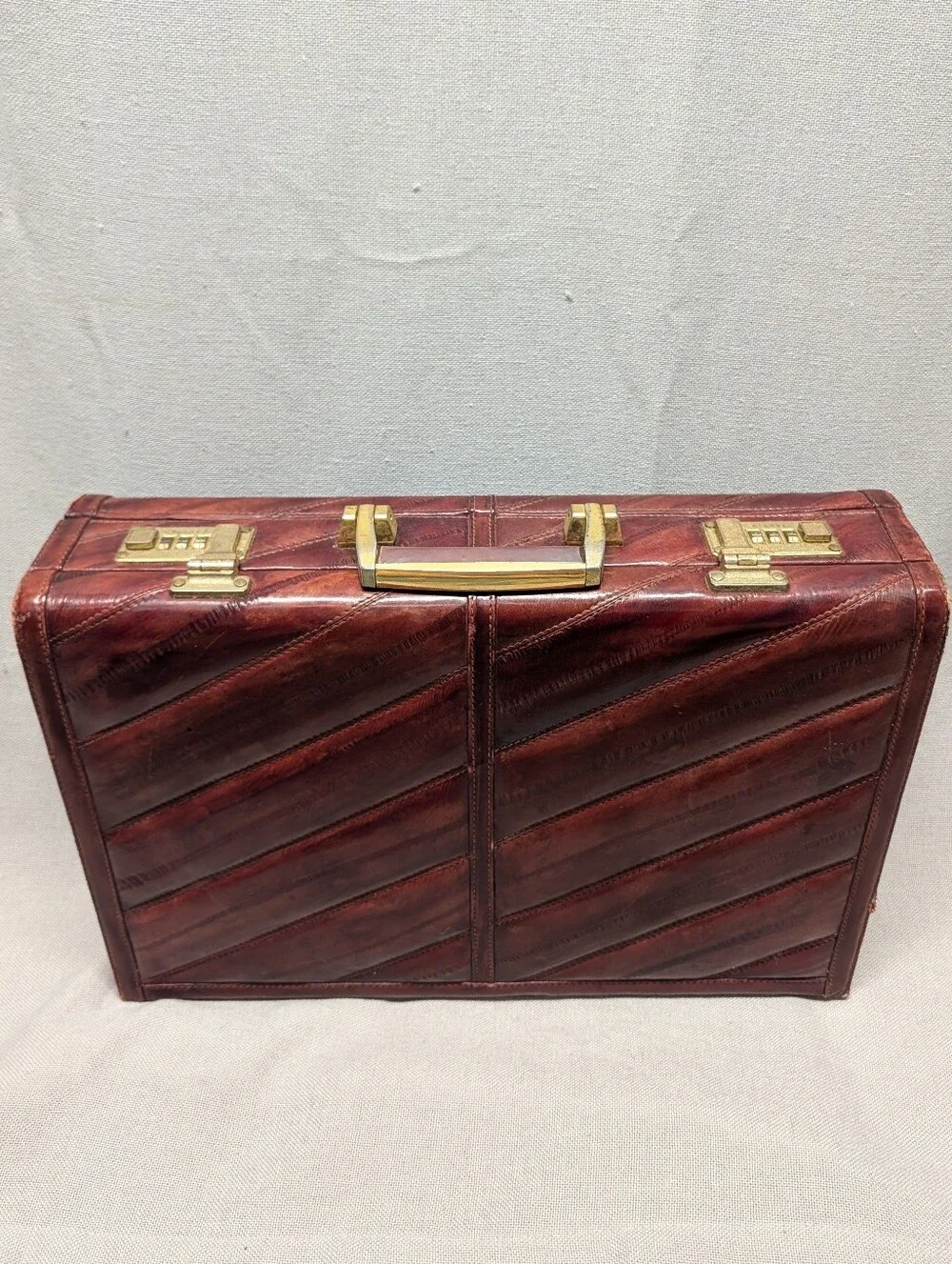 Genuine Eel Skin Leather Briefcase - Burgundy with Gold Hardware